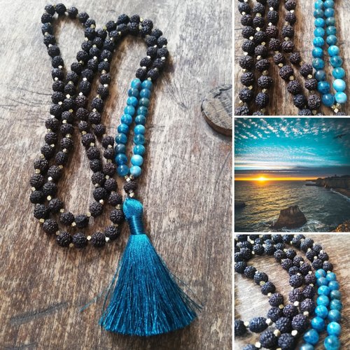 Mala - collier long - 108 perles - bijou de soin  - méditation - lithothérapie - apatite bleue - graines de rudraksha - soie