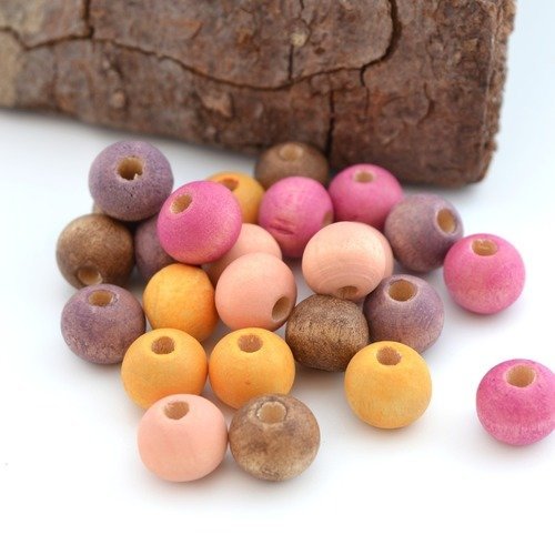 Mix de 25 perles rondes 8mm fuchsia, pêche, violet, jaune orangé et marron rondes en bois