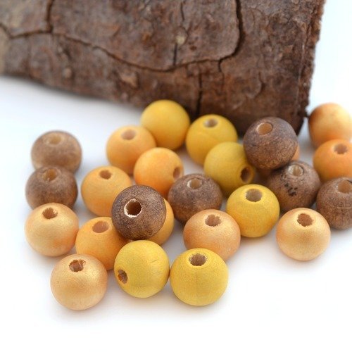 25 perles rondes 8mm en bois jaune orangé, doré et marron