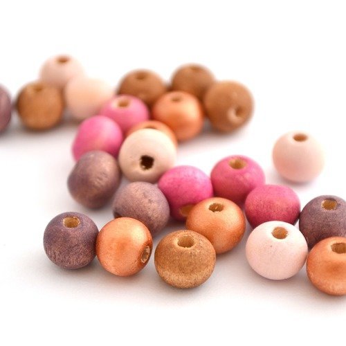 25 perles rondes 8mm en bois rose, fuchsia, violet, cuivré et marron
