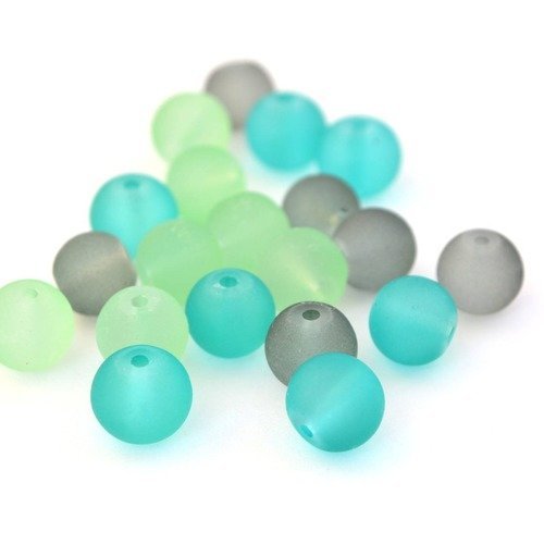 20 perles bleu turquoise, vert et noir rondes en verre givré 8mm