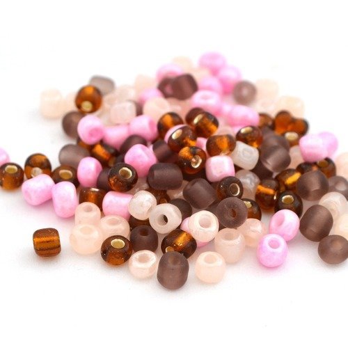 10gr grosses perles de rocaille 6/0 rose, nude, marron et violet en verre 4mm