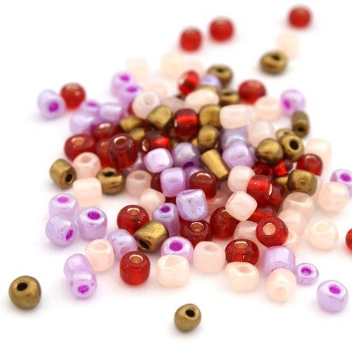 10gr grosses perles de rocaille 6/0 mauve, nude, rouge et bronze en verre 4mm