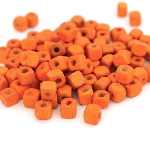 100 perles cubes orange en bois 5x5mm