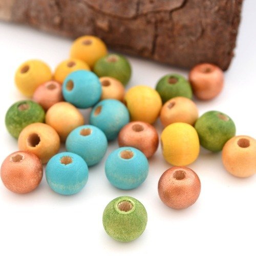 25 perles rondes en bois 8mm cuivré, vert, bleu et jaune