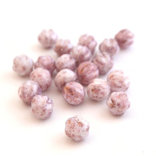 25 perles de bohême mauve et blanc forme melon 8mm