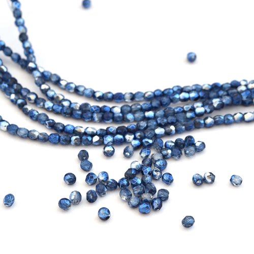 50 perles tchèques bleu marine et argenté 2 mm à facettes en verre de bohème