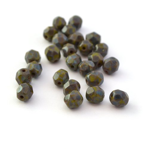 25 perles de bohême vert et gris bleuté tacheté à facettes 6mm