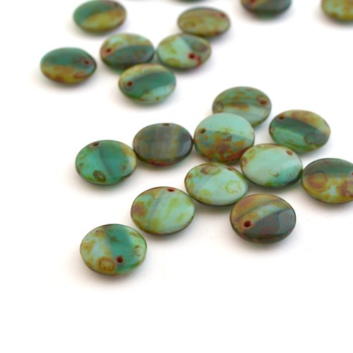 10 perles tchèques sequins 12mm en verre de bohème vert et marron