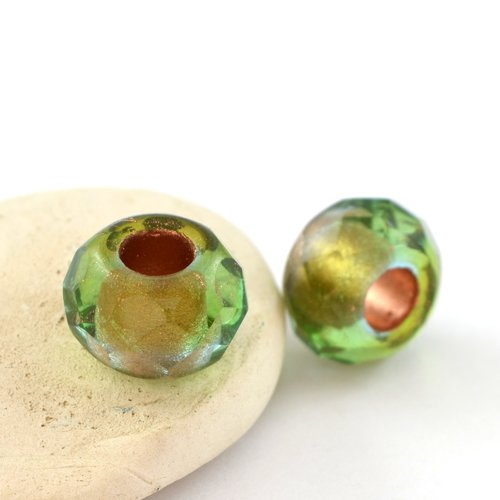 3 grosses perles tchèques boulier vert et doré en verre 12 mm
