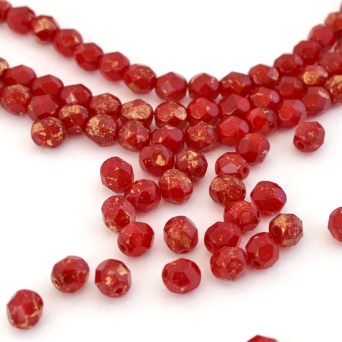 25 perles en verre rouge et doré à facettes 6 mm