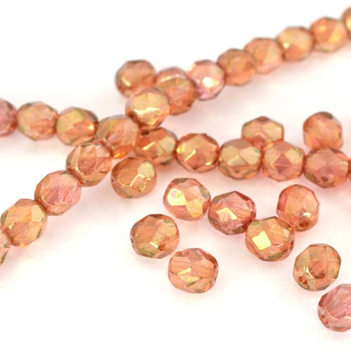 25 perles en verre mauve doré à facettes 6 mm