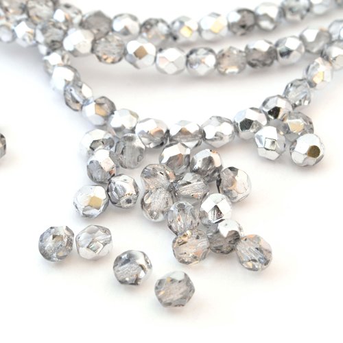 25 perles en verre argenté à facettes 6 mm