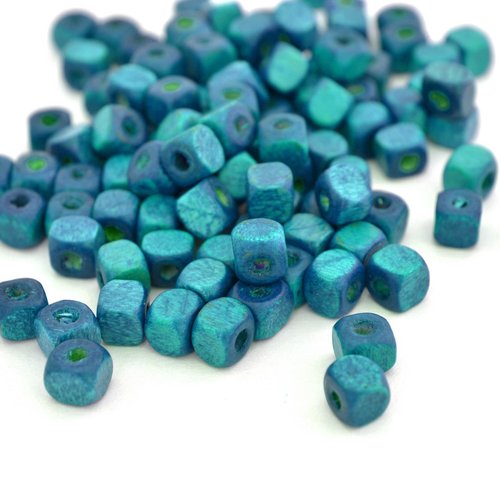 100 perles cubes bleu turquoise en bois 5x5mm