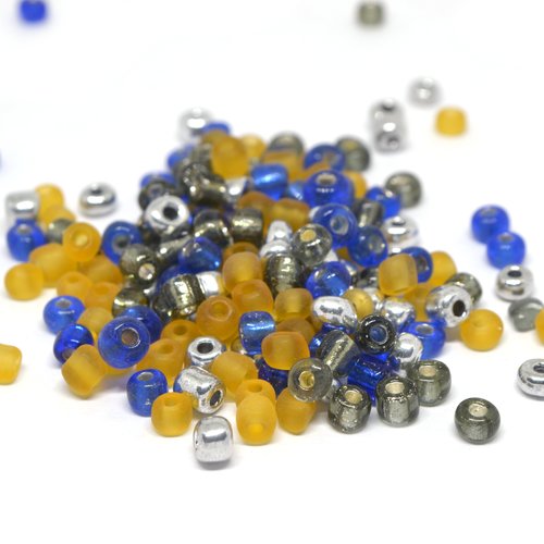 Grosses perles de rocaille 6/0 bleu, jaune moutarde, argenté et gris en verre 4mm