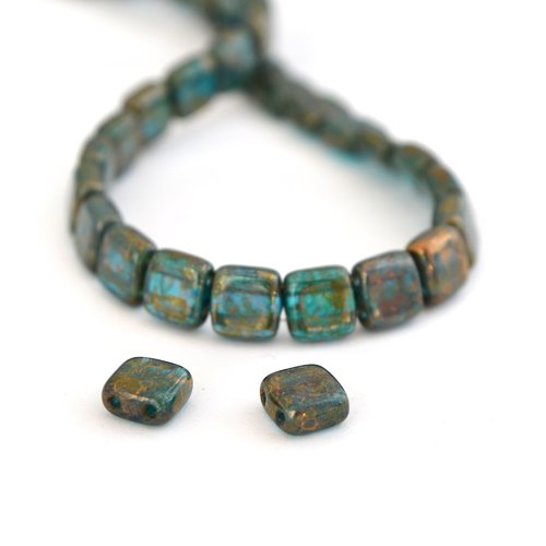 25 perles tchèques carrés en verre bleu turquoise et bronze 6 mm