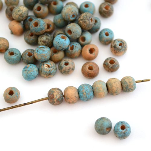 100 perles rondes en bois bleu turquoise marron 6mm