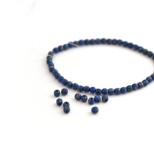 50 perles rondes bleu indigo et bronze 3 mm en verre de bohème