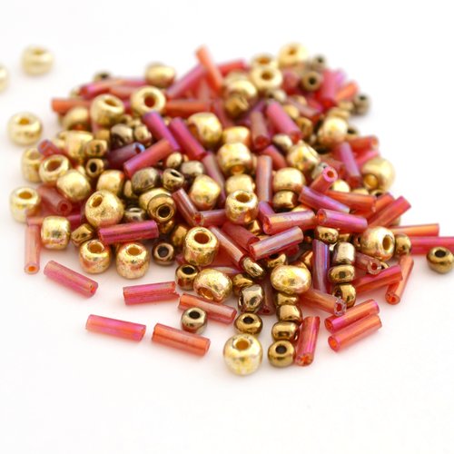 10gr perles de rocaille doré bronze et rose orangé en verre