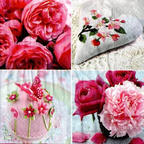 2 serviettes papier -roses pivoines-35