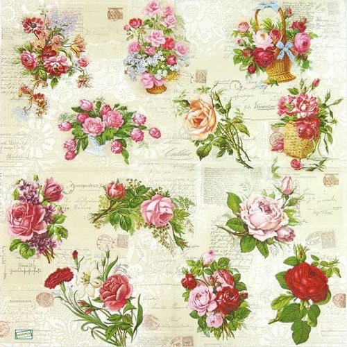 2 serviettes papier -roses pivoines-67