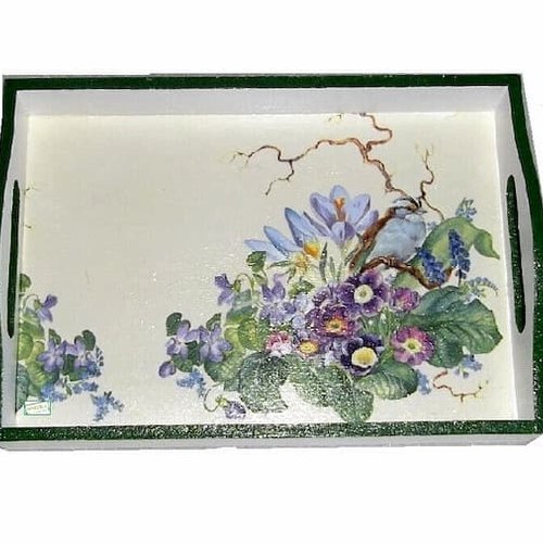 Plateau en bois oiseaux création serviettage