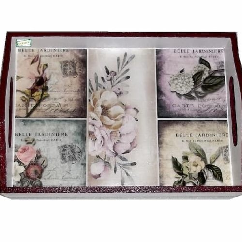 Plateau en bois fleurs création serviettage