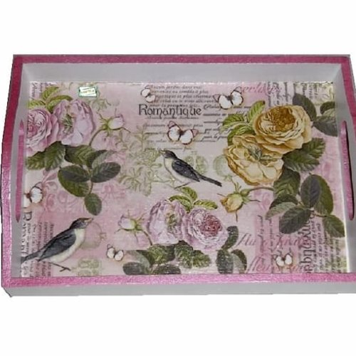 Plateau bois les roses création serviettage