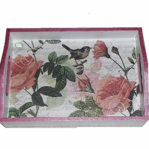 Plateau bois les roses création serviettage