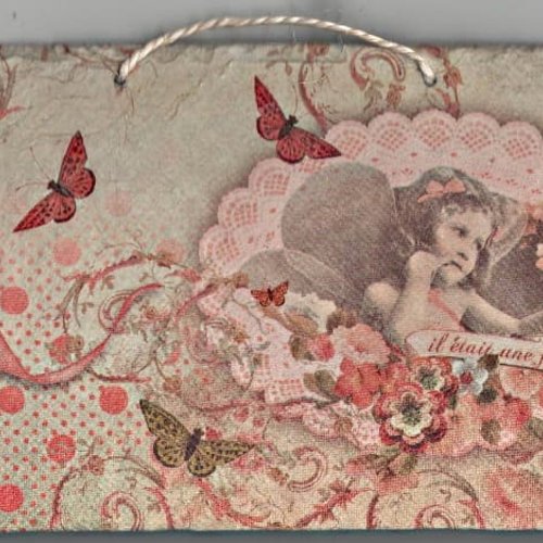 Plaque déco ardoise fillette création serviettage