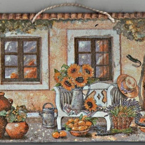 Plaque déco ardoise paysage création serviettage