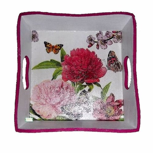 Plateau bois fleurs création serviettage