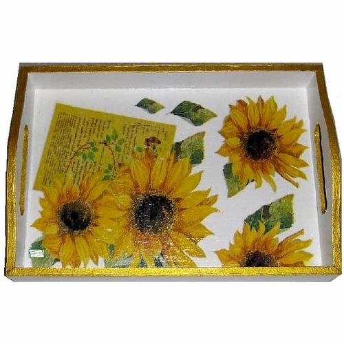 Plateau en bois tournesols création serviettage