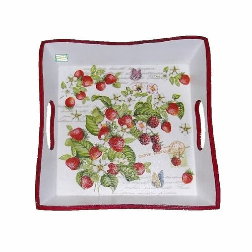 Plateau bois fraises création serviettage