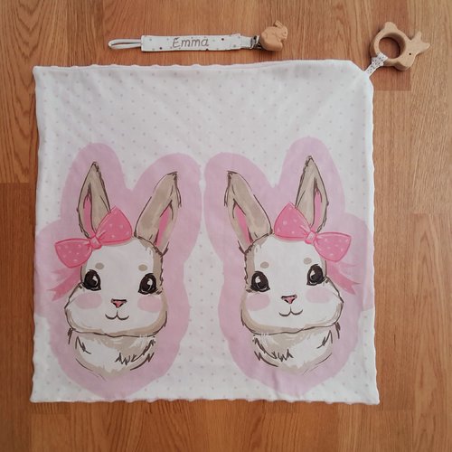 Attache tétine et carré doudou lapin rose
