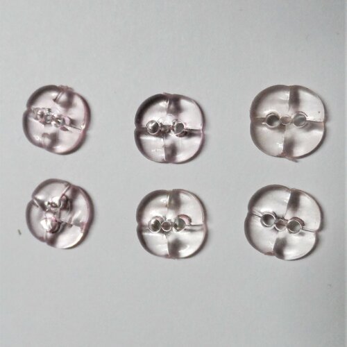 6 boutons carré 2 trous plastique 12 mm rose transparent