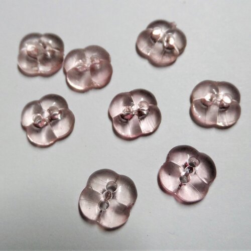8 boutons carré 2 trous plastique 9 mm rose transparent