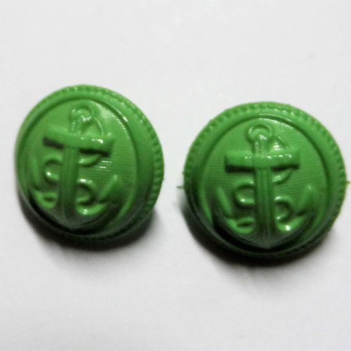 2 boutons à queue rond et bombé plastique 14 mm motif ancre marine vert