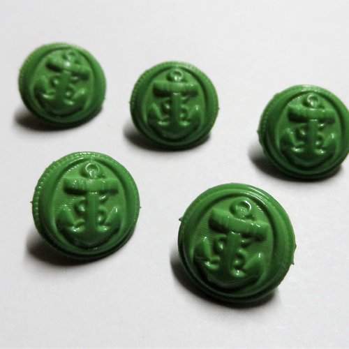 5 boutons à queue rond plastique 13 mm motif ancre marine vert kaki