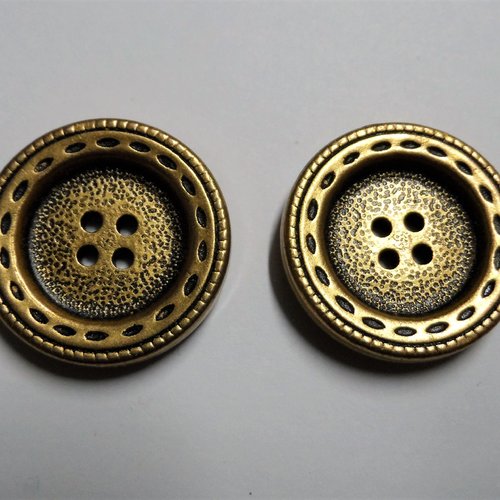 2 boutons rond 4 trous métal 25 mm doré