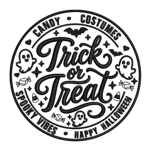 Broderie machine halloween – emblème « trick or treat » avec fantômes et bonbons