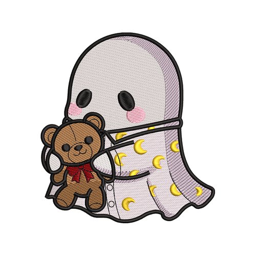Broderie machine halloween – fantôme mignon avec ours en peluche et lunes dorées