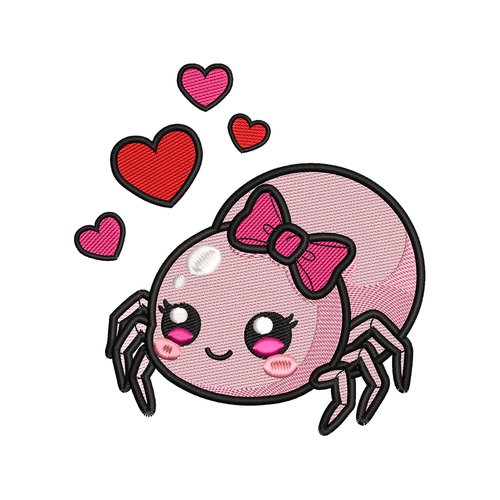 Broderie machine halloween – araignée kawaii rose avec nœud et cœurs