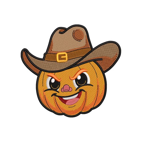 Broderie machine halloween – citrouille cow-boy souriante avec chapeau western