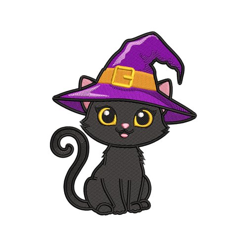 Broderie machine halloween – chat noir avec chapeau de sorcière violet