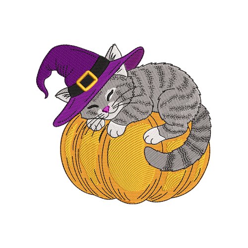 Chat sorcière sur citrouille – motif de broderie machine