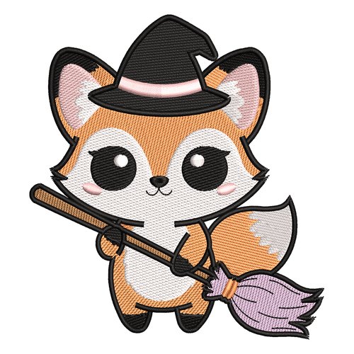 Broderie machine – renard sorcière kawaii sur un balai magique