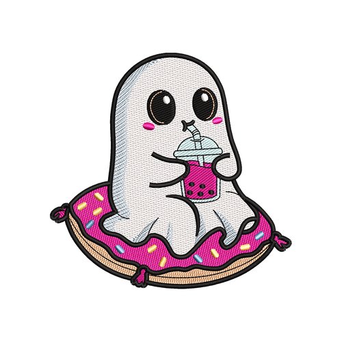 Broderie machine – fantôme kawaii avec boisson rose sur une bouée donut