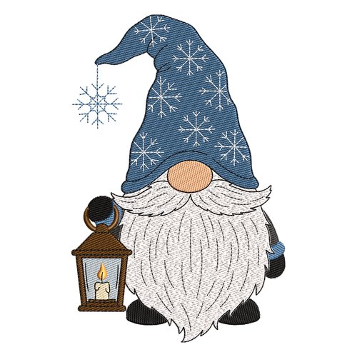 Broderie machine gnome de noël avec lanterne vintage et flocons de neige