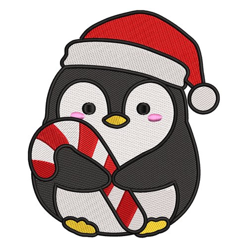 Broderie machine – pingouin de noël avec sucre d’orge et bonnet de père noël